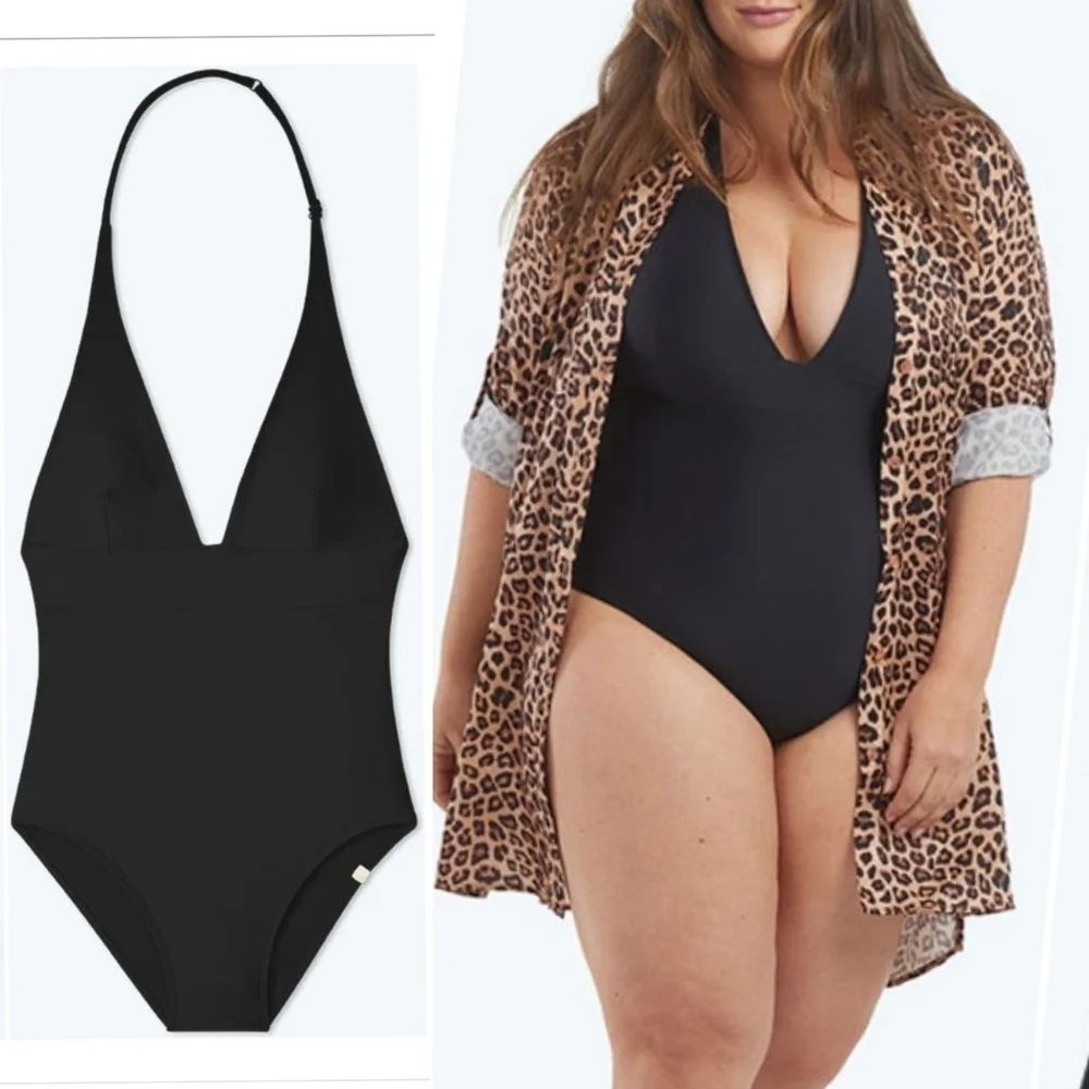 Summersalt Halter Plunge V-Neck Beach Vacation One-Piece Swimsuit Black 14